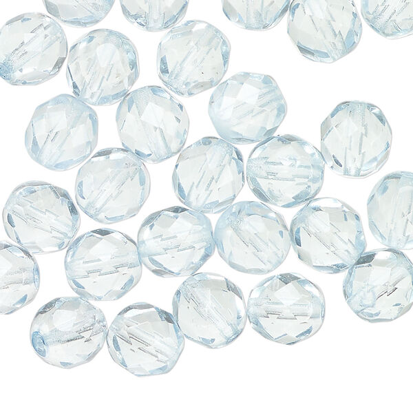 Bead 1pkg50, Czech fire-polished dipped décor glass, light blue, 8mm faceted round. image number 0