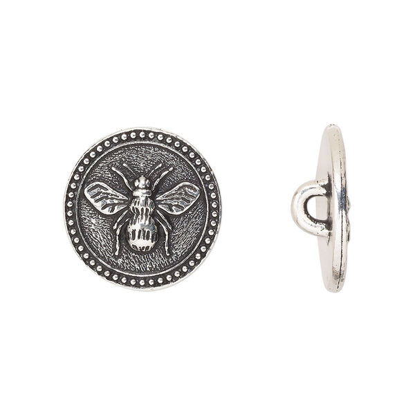 Button, TierraCast®, antique silver-plated pewter (tin-based alloy), 15mm beaded flat round with bee and closed loop. Sold per pkg of 2. image number 0