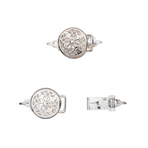 Clasp tab 1pkg2 silver-plated, 9mm filigree round / safety latch, brass 1-strand
