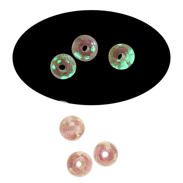 Bead, lampworked glass, clear / purple / glow-in-the-dark / gold, 6mm round. Sold per pkg of 6. image number 0