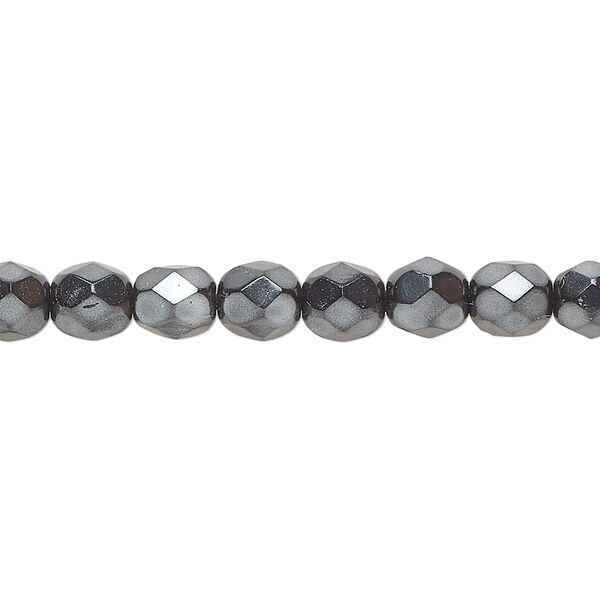 Bead, Czech fire-polished glass, opaque hematite, 6mm faceted round. Sold per 18-inch strand, approximately 75 beads. image number 0
