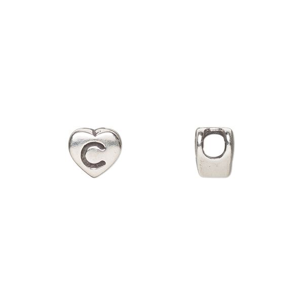 Bead, sterling silver, 7.5x7mm heart with alphabet letter "C." Sold individually. image number 0