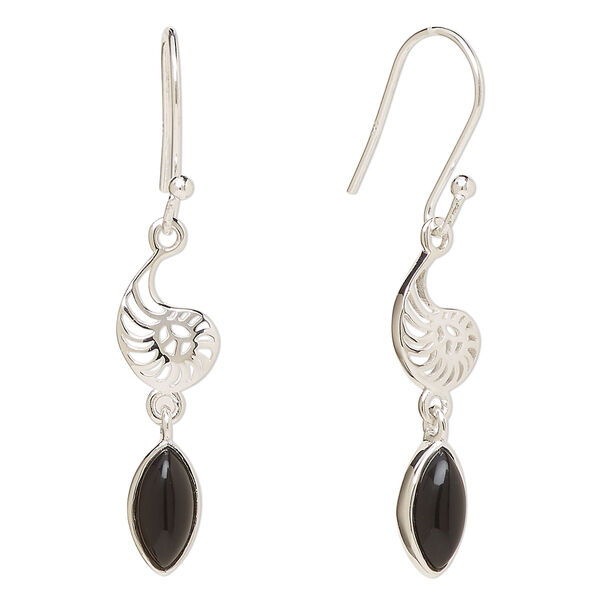 Ear wire, Create Compliments®, antiqued sterling silver and black onyx (dyed), fishhook, 42.5mm with 26.5mm single-sided nautilus, 21 gauge. Sold per pair. image number 0