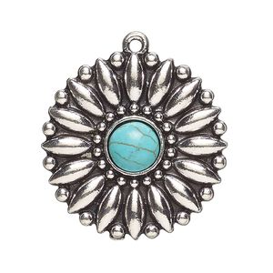 Focal, antique silver-finished "pewter" (zinc-based alloy) and "turquoise" (resin) (imitation), turquoise blue, 30.5mm single-sided round with flower. Sold per pkg of 2.