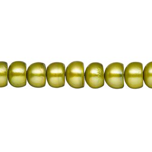 Pearl, cultured freshwater (dyed), moss, 7-8mm button, C- grade, Mohs hardness 2-1/2 to 4. Sold per 15-inch strand.