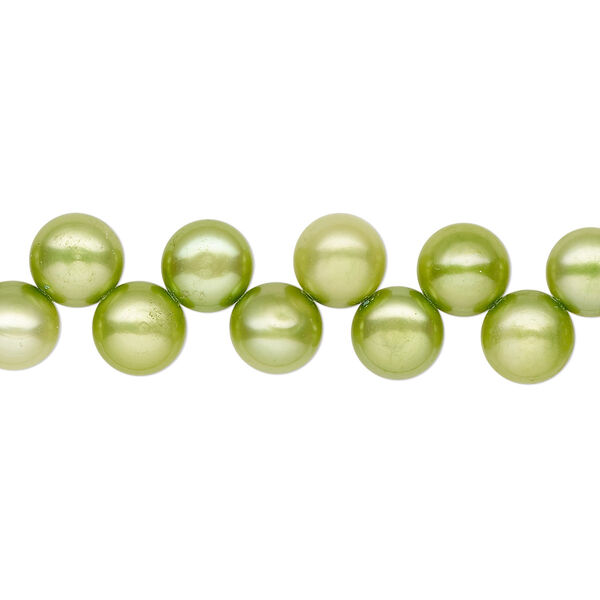 Pearl, cultured freshwater (dyed), fern green, 6-7mm top-drilled flat-sided round with 0.4-0.5mm hole, B- grade, Mohs hardness 2-1/2 to 4. Sold per 14-inch strand. image number 0