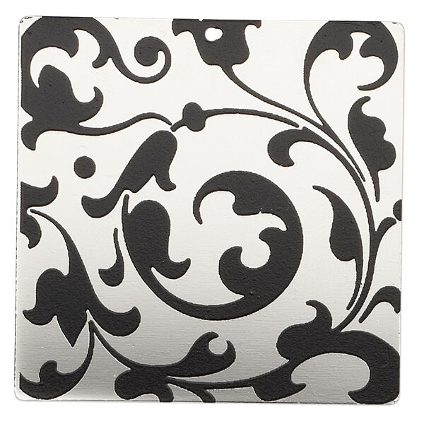 Focal, imitation rhodium-finished carbon steel, black, 40x40mm single-sided square with vine design. Sold per pkg of 2. image number 0