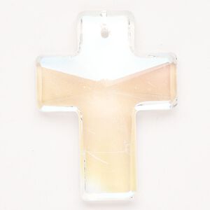 Focal glass 1pk 40x29mm-40x30mm faceted cross, transparent clear AB peach