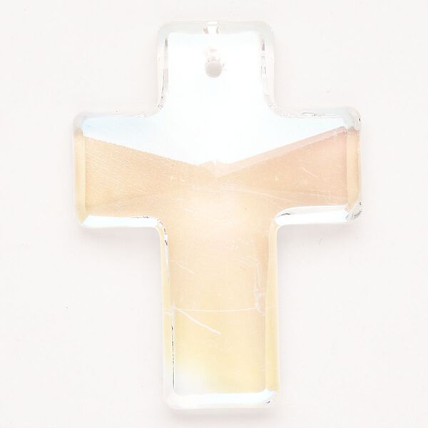 Focal glass 1pk 40x29mm-40x30mm faceted cross, transparent clear AB peach image number 0