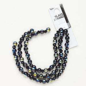 Bead, glass 1pk 7-8mm round 6x4mm-6x5mm faceted rondelle, opaque black AB opaque black, 24 inch