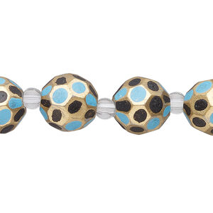 Bead, glass 1pkg4, turquoise blue / black / gold, 12mm hand-painted faceted round.