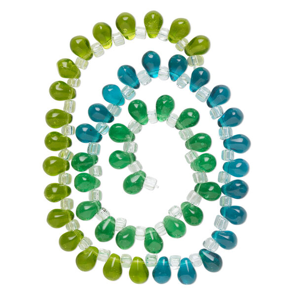 Bead, glass, transparent light green, green and teal, 8x6mm top-drilled teardrop with irregular rondelles. Sold per 14-inch strand. image number 0
