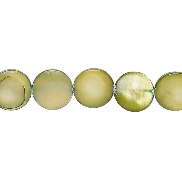 Mother-of-pearl shell 1pkg1, puffed flat round bead 15 inch dark yellow-green 9-11mm image number 0