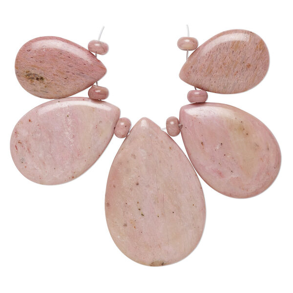 Focal, rhodonite (natural), 30x20mm-49x34mm hand-cut graduated teardrop and 5mm irregular round, B grade, Mohs hardness 5-1/2 to 6-1/2. Sold per 5-piece set. image number 0