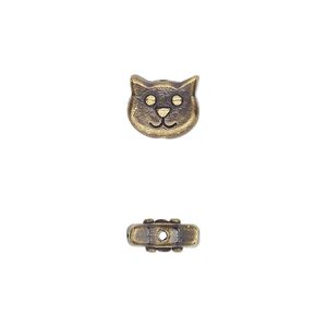 Bead, TierraCast®, antique brass-plated pewter (tin-based alloy), 10x8.5mm double-sided cat face. Sold per pkg of 2.