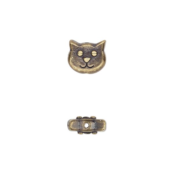 Bead, TierraCast®, antique brass-plated pewter (tin-based alloy), 10x8.5mm double-sided cat face. Sold per pkg of 2. image number 0