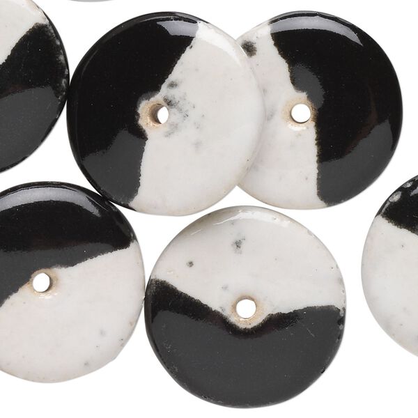 Bead, porcelain, black and white, 22mm double-sided round donut. Sold per pkg of 10. image number 0