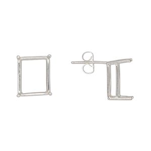 Earstud 1pkg2 Sure-Set™ sterling silver, 12x10mm emerald cut / pre-notched 4-prong basket-style setting / earnuts, 1 pair