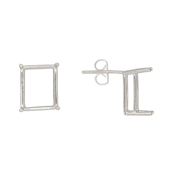 Earstud 1pkg2 Sure-Set™ sterling silver, 12x10mm emerald cut / pre-notched 4-prong basket-style setting / earnuts, 1 pair image number 0