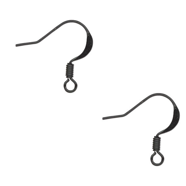 Ear wire, black-finished brass, 17mm flat fishhook with 3mm coil and open loop, 22 gauge. Sold per pkg of 20 pairs. image number 0