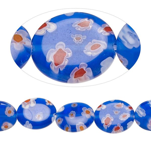Bead, millefiori glass, translucent cobalt / red / white, 12x10mm puffed oval with 0.6-0.8mm hole. Sold per 15-inch strand. image number 0