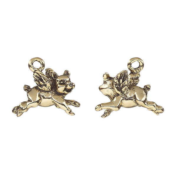 Charm, antique gold-plated pewter (tin-based alloy), 17x12mm 3D flying pig. Sold per pkg of 2. image number 0