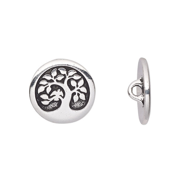 Button, TierraCast®, antique silver-plated pewter (tin-based alloy), 16mm flat round with bird in a tree and loop. Sold per pkg of 20. image number 0