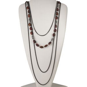 Necklace, 4-strand, steel / acrylic with rubberized coating / glass, brown / black / full silver finish, faceted rondelle and diamond, 27 inches with 2-inch extender chain and lobster claw clasp. Sold individually.
