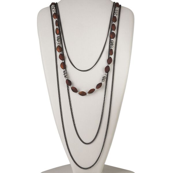 Necklace, 4-strand, steel / acrylic with rubberized coating / glass, brown / black / full silver finish, faceted rondelle and diamond, 27 inches with 2-inch extender chain and lobster claw clasp. Sold individually. image number 0