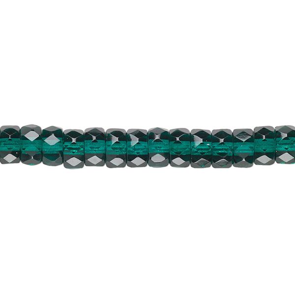 Bead, Czech fire-polished glass, emerald green, 6x3mm faceted rondelle. Sold per 15-1/2" to 16" strand. image number 0