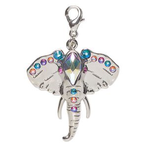 Focal, brass and glass, pkg/1, 31x28mm elephant with lobster claw clasp, silver finish and multicolored.