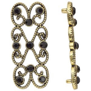 Spacer, antiqued gold-finished "pewter" (zinc-based alloy) and Czech glass rhinestone, black, 39x18mm 2-strand fancy rectangle. Sold per pkg of 4.