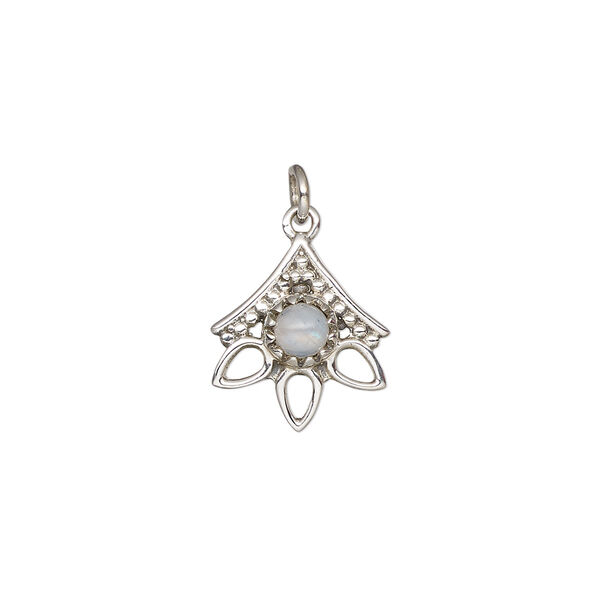 Drop, antiqued sterling silver and rainbow moonstone (natural), 14x12.5mm single-sided beaded open 3-teardrop. Sold individually. image number 0