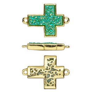 Link, Druzylite™, "druzy" (resin) and gold-finished brass, green, 18x16mm two-sided cross with open filigree back. Sold per pkg of 4.
