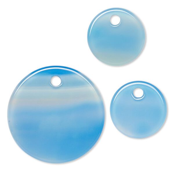 Focal and drop, blue agate (dyed), (2) 18mm and (1) 30mm flat round, B grade, Mohs hardness 6-1/2 to 7. Sold per 3-piece set. image number 0