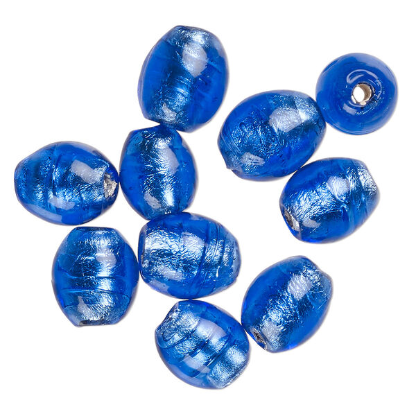 Bead, lampworked glass, opaque cobalt blue, 13x10mm-10x9mm oval with silver-colored foil. Sold per pkg of 10. image number 0