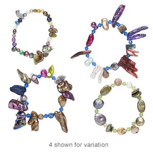 Bracelet, stretch, cultured freshwater pearl (bleached / dyed) and glass, multicolored, 6-32mm wide, 8 inches. Sold individually.
