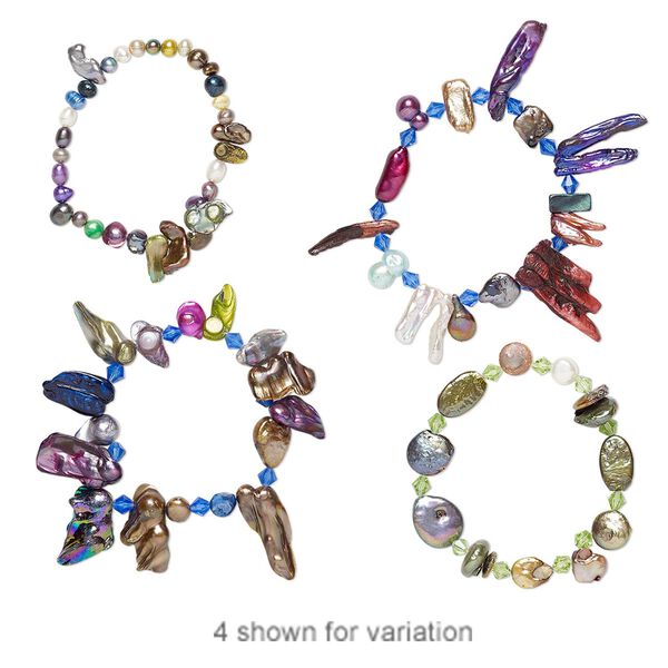 Bracelet, stretch, cultured freshwater pearl (bleached / dyed) and glass, multicolored, 6-32mm wide, 8 inches. Sold individually. image number 0