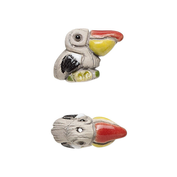 Bead, glazed ceramic, multicolored, 19x14mm hand-painted pelican. Sold per pkg of 2. image number 0