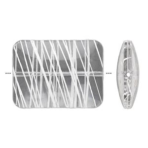 Bead, acrylic, semitransparent clear and white, 40x30mm puffed rectangle with painted line design. Sold per pkg of 12.