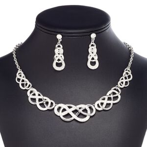 Necklace and earring set, imitation rhodium-plated brass / steel / "pewter" (zinc-based alloy), 29x13mm-40x31mm graduated matte and shiny knot, 18-inch necklace with 2-inch extender chain and lobster claw clasp, 44mm earrings with post. Sold per set.