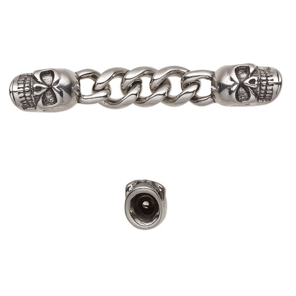 Focal, antiqued stainless steel, 60x9mm with 15x9mm skull and 9mm curb chain with 2 glue-in cord ends, 3.5mm inside diameter. Sold individually. image number 0