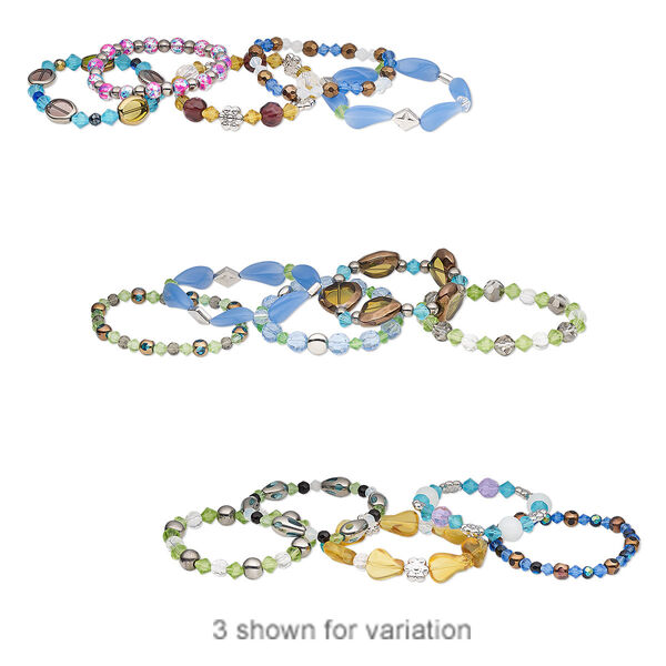 Bracelet mix, stretch, glass with gold- and silver-coated acrylic, mixed colors, 5mm-22x15mm mixed shape, 7 inches. Sold per pkg of 5. image number 0