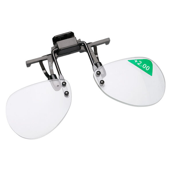 Magnifier, MagniClips®, acrylic and vinyl, black and clear, +2 magnification clip-on style lenses. Sold individually. image number 0