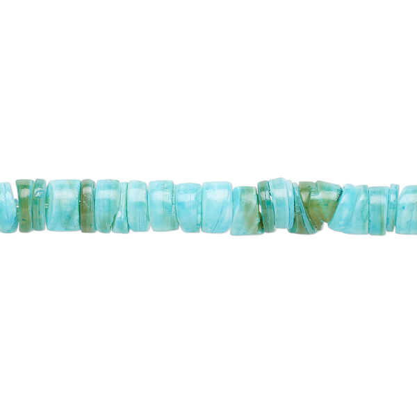 Bead, cabibe shell (dyed), turquoise blue, 5x1mm-6x4mm hand-cut heishi, Mohs hardness 3-1/2. Sold per 15-1/2" to 16" strand. image number 0