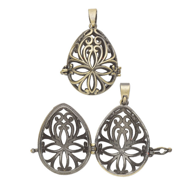 Focal, antique brass-finished brass, 30.5x22mm teardrop bead cage with cutout fancy design and safety latch, fits up to 18mm bead. Sold individually. image number 0