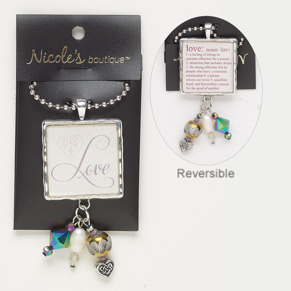 Necklace, glass / acrylic / antique silver-finished "pewter" (zinc-based alloy) / silver-finished steel, multicolored, 2-3/4 x 1-1/4 inches with two-sided square and glitter / "Love" / definition of love, 24 inches with lobster claw clasp. Sold individually. image number 0