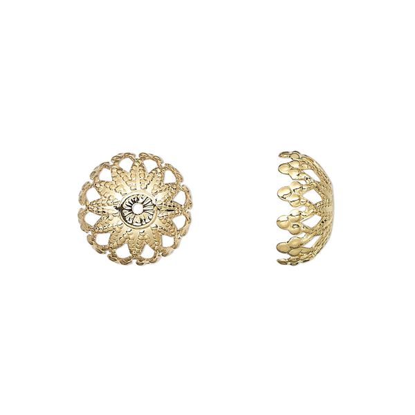 Bead cap, gold-plated brass, 12x6mm filigree dome, fits 12-14mm bead. Sold per pkg of 100. image number 0
