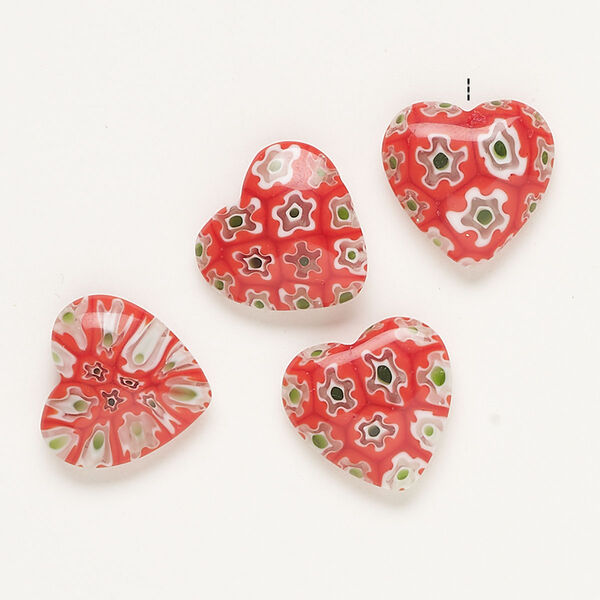 Bead, millefiori glass, translucent red and multicolored, 18-20mm half-drilled puffed heart. Sold per pkg of 4. image number 0