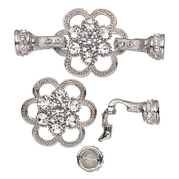 Clasp, magnetic and double latch fold-over, glass rhinestone and silver-plated "pewter" (zinc-based alloy), 48x23mm flower with (2) glue-in end caps, 4.7mm diameter. Sold individually. image number 0